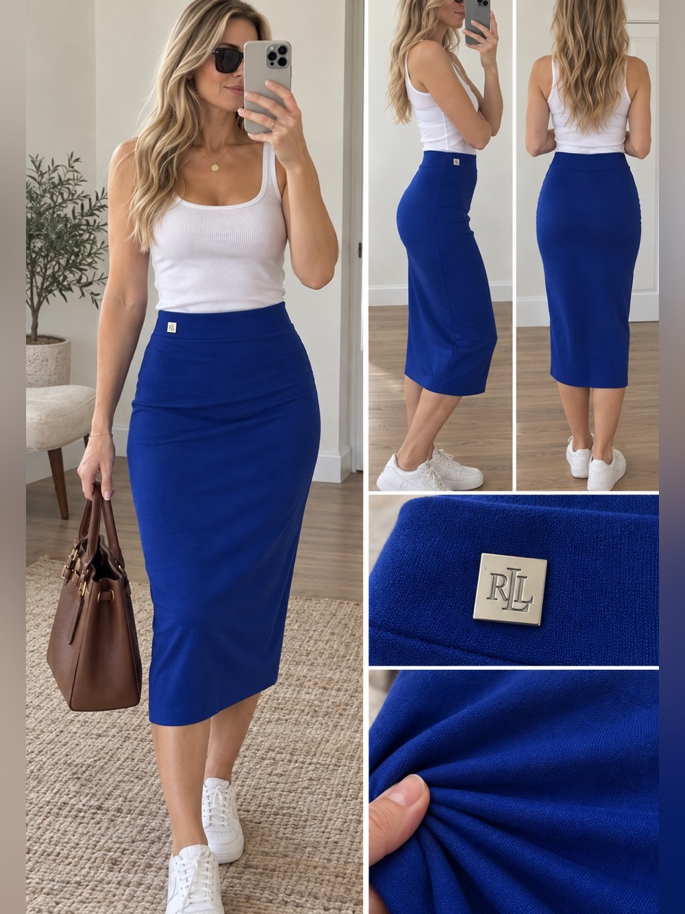 Lauren Ralph Lauren Blue Stretch Pencil Midi Skirt Size M